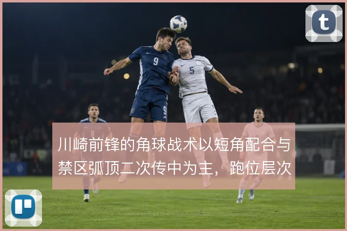 川崎前锋的角球战术以短角配合与禁区弧顶二次传中为主，跑位层次制造空间
